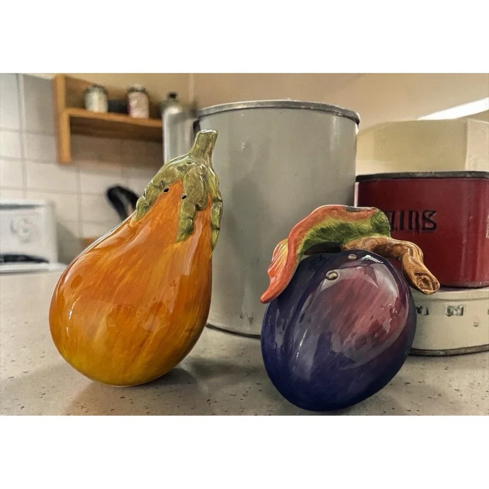Fitz & Floyd Eggplant And Squash Salt Pepper Shaker Set Multicolor Vintage Leaf